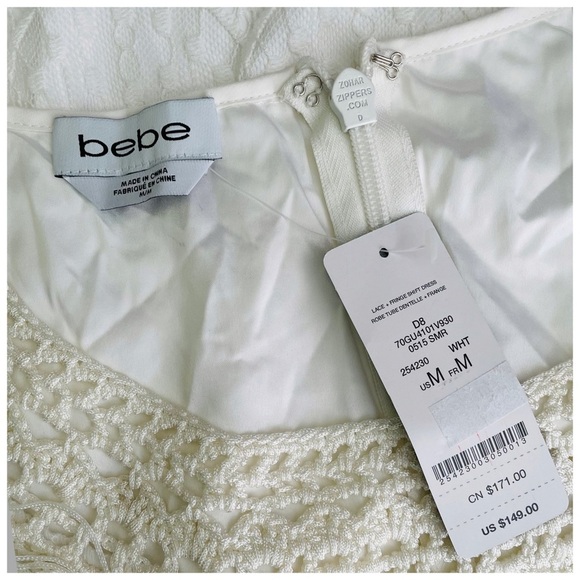 BEBE LACE + FRINGE SHIFT DRESS WHITE SIZE M - Picture 7 of 9